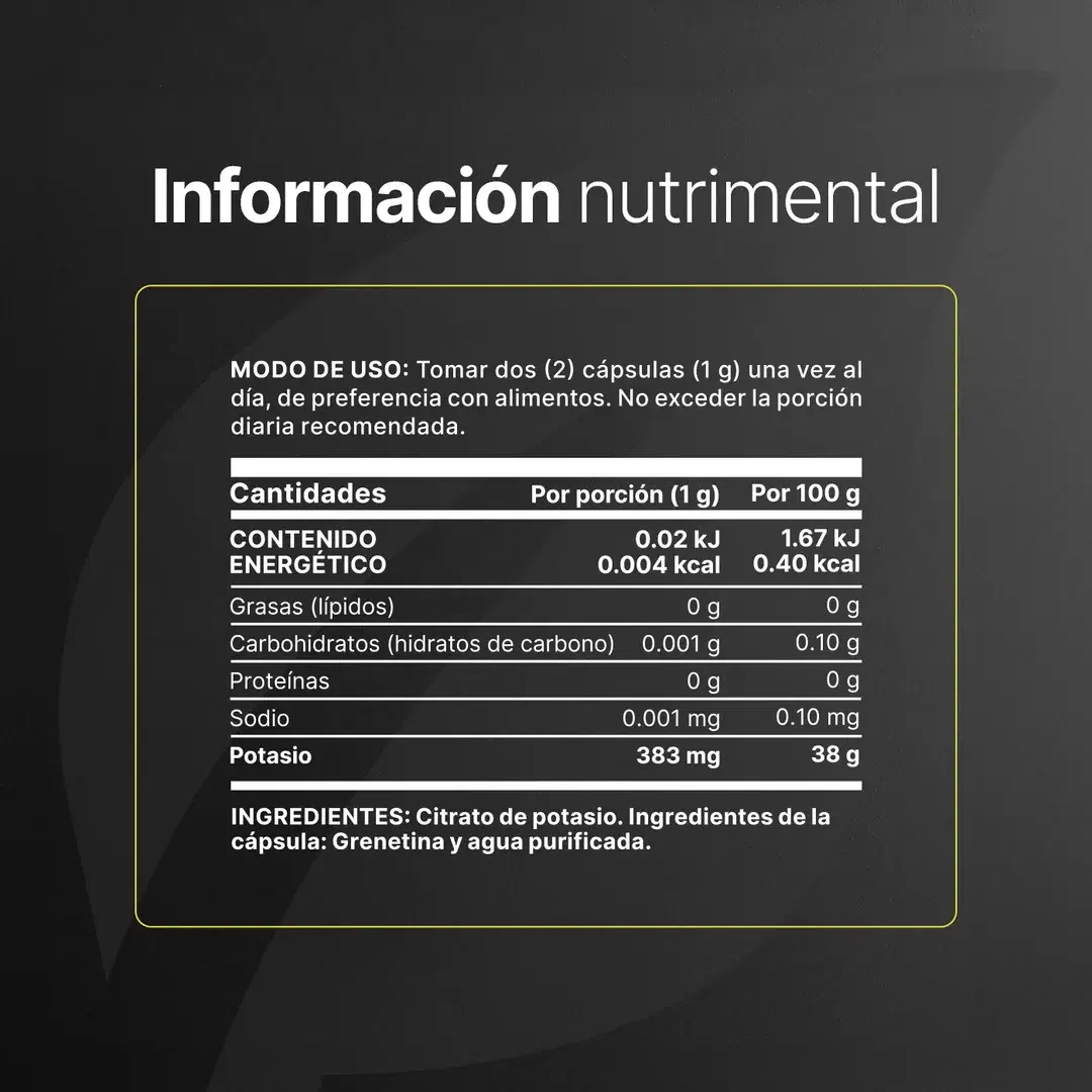 Imagen de Fórmula Pura de Citrato de Potasio | 383 mg  Porción | 60 Cápsulas