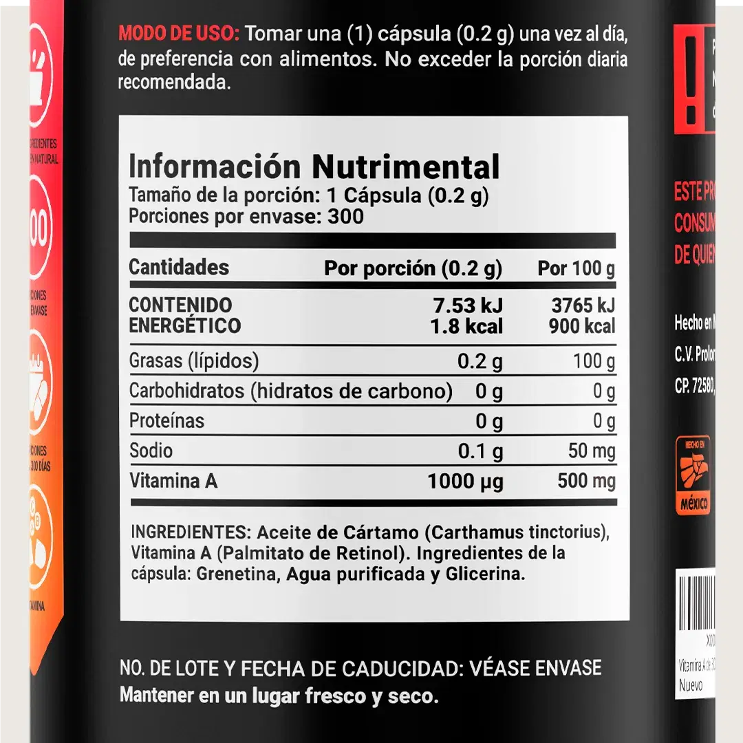 Imagen de Vitamina A | con Aceite de Cártamo | 1000 mg Porporción | 300 cápsulas