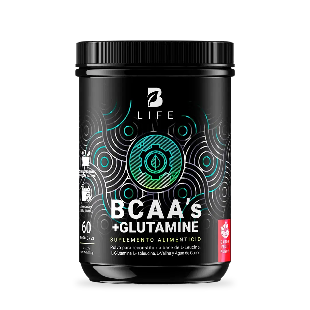Imagen de BCAAs con Glutamina en polvo | 558 gr | 60 Porciones | con Glutamina y Agua de Coco | Sabor Ponche de Frutas