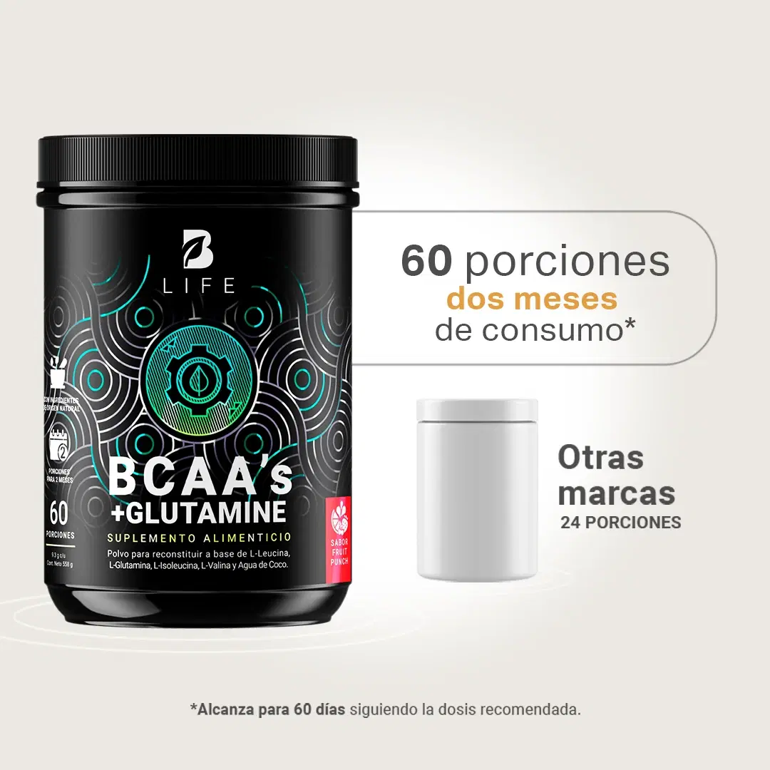 Imagen de BCAAs con Glutamina en polvo | 558 gr | 60 Porciones | con Glutamina y Agua de Coco | Sabor Ponche de Frutas