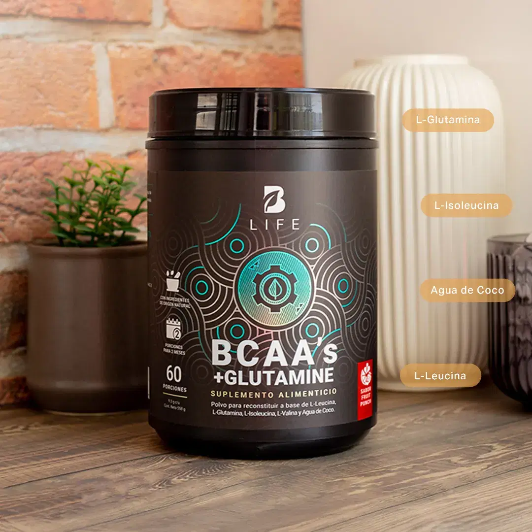 Imagen de BCAAs con Glutamina en polvo | 558 gr | 60 Porciones | con Glutamina y Agua de Coco | Sabor Ponche de Frutas