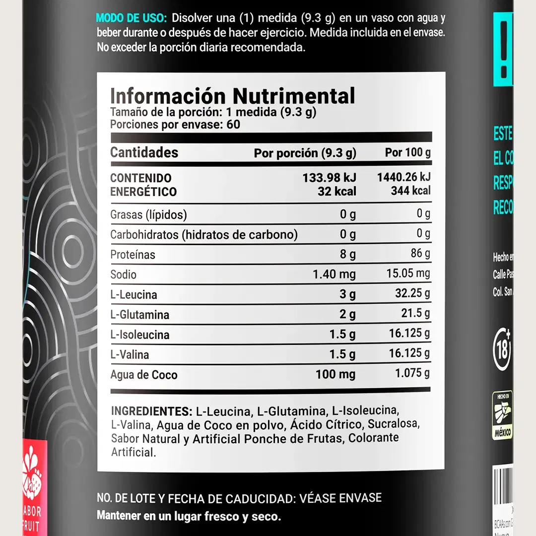 Imagen de BCAAs con Glutamina en polvo | 558 gr | 60 Porciones | con Glutamina y Agua de Coco | Sabor Ponche de Frutas
