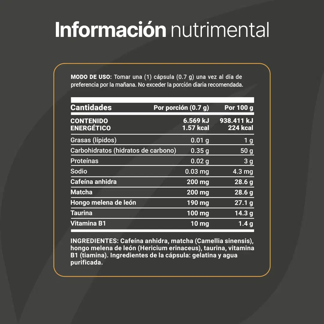 Imagen de Cafeína Anhidra | con Matcha, Melena de León, Taurina y Vitamina B1 | 240 Cápsulas