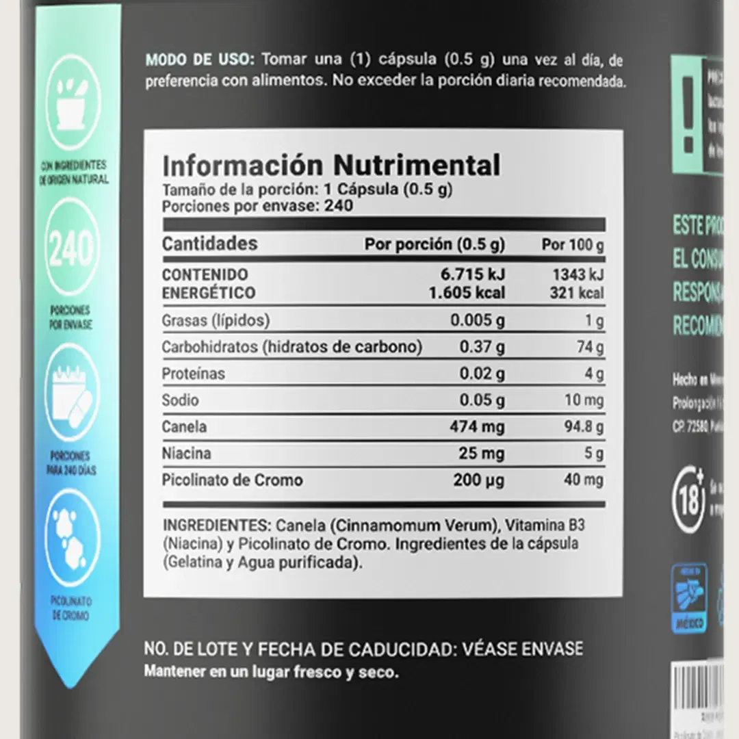 Imagen de Picolinato de Cromo | Canela y Niacina | 240 cápsulas