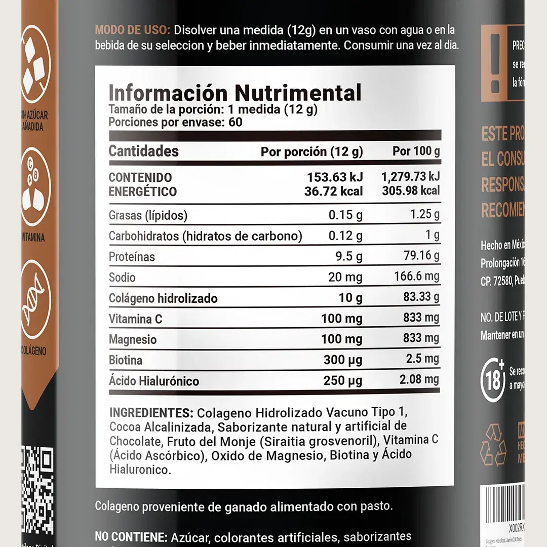 Imagen de Colágeno Hidrolizado en Polvo sabor Chocolate | con Vitamina C, Magnesio, Biotina y Ácido Hialurónico | 720 gramos