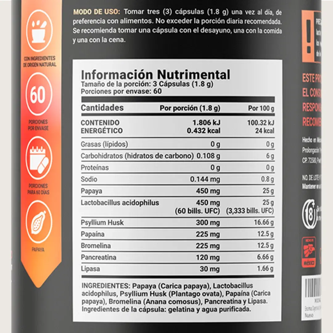 Imagen de Enzimas Digestivas | con Probióticos, Papaya y Psyllium Husk | 180 Cápsulas | 1800 mg por porción
