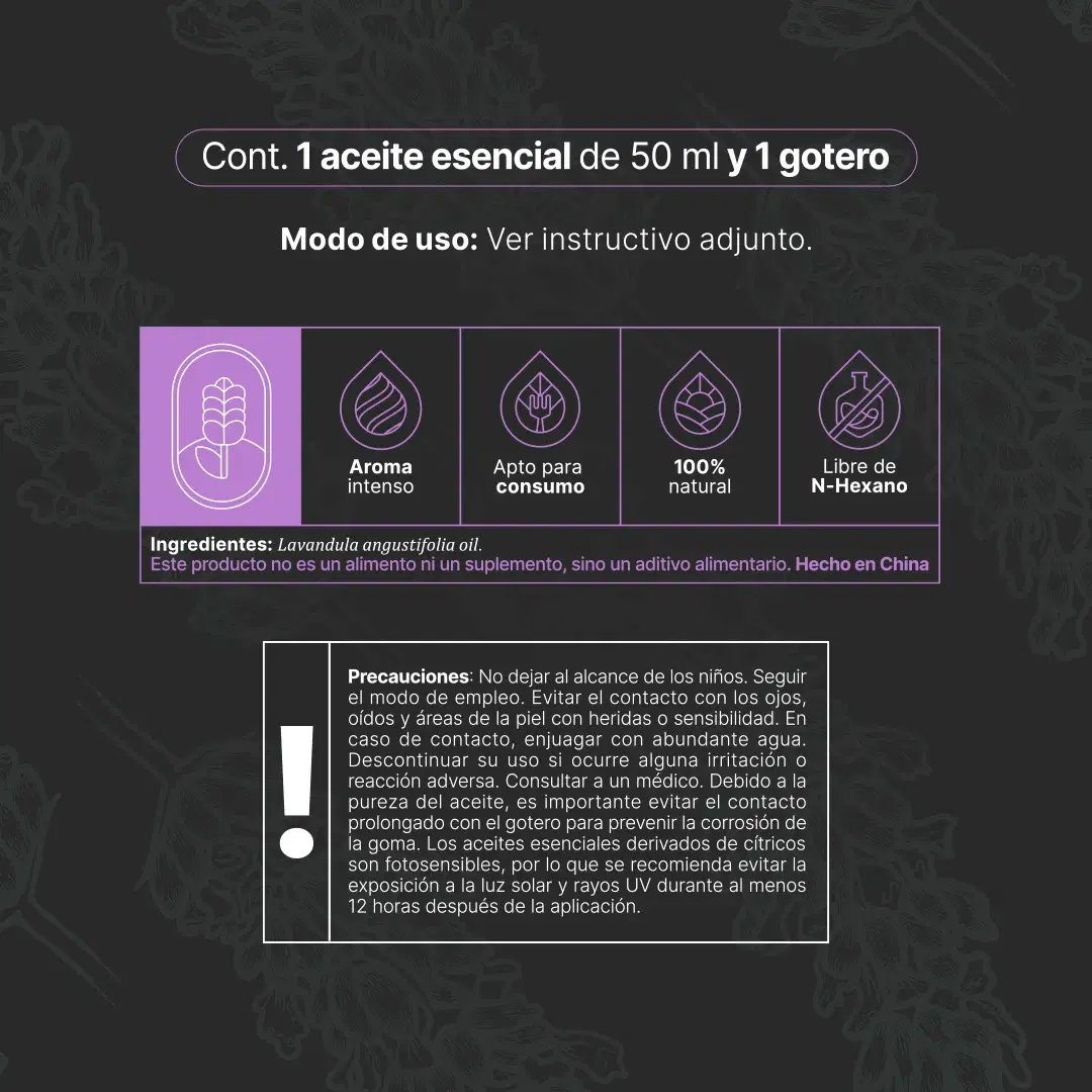 Imagen de Essential Oil Lavender | Aceite Esencial Lavanda 50 y 120 ml | Grado alimenticio