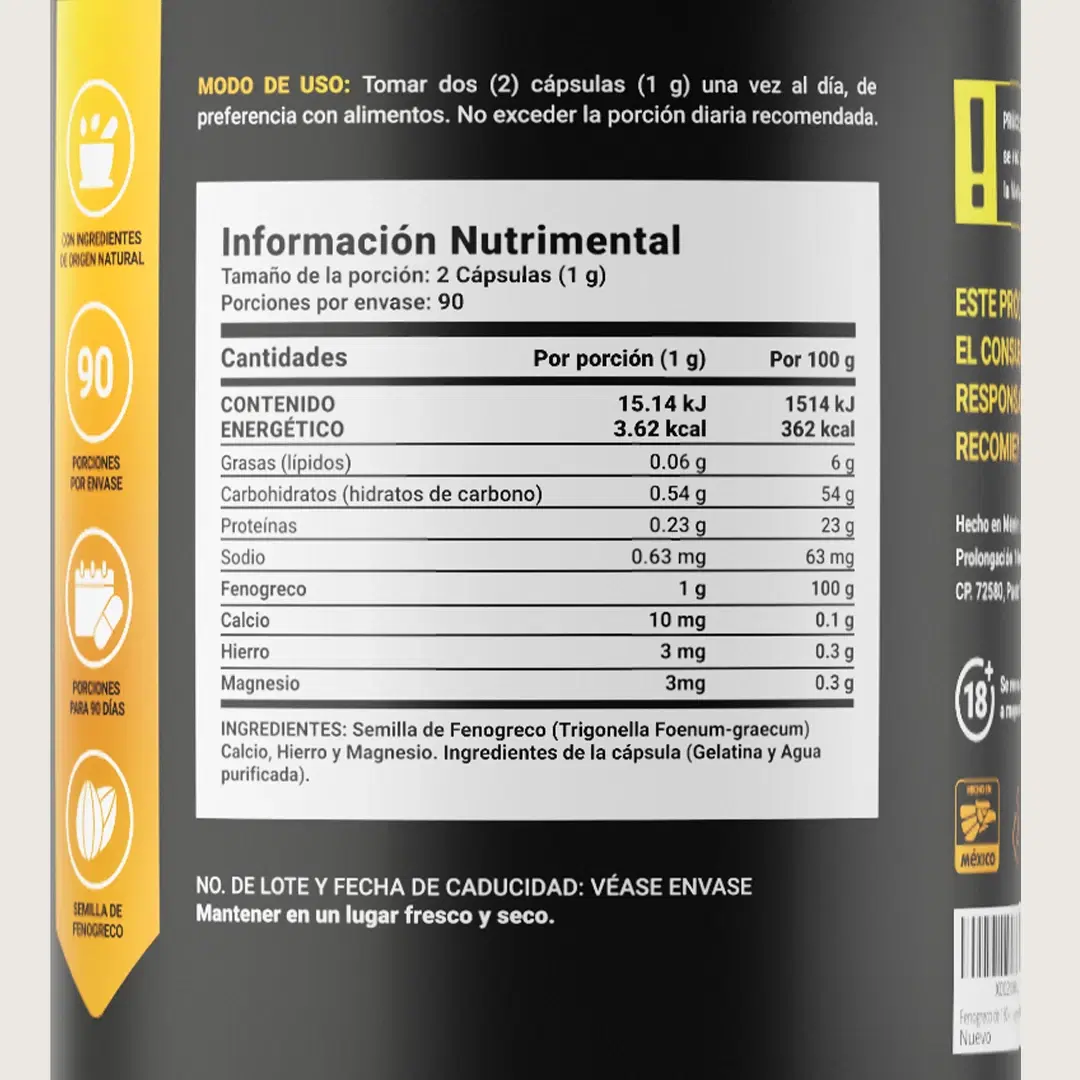 Imagen de Fenogreco | con Calcio, Hierro y Magnesio | 180 Cápsulas 1000 mg por porción