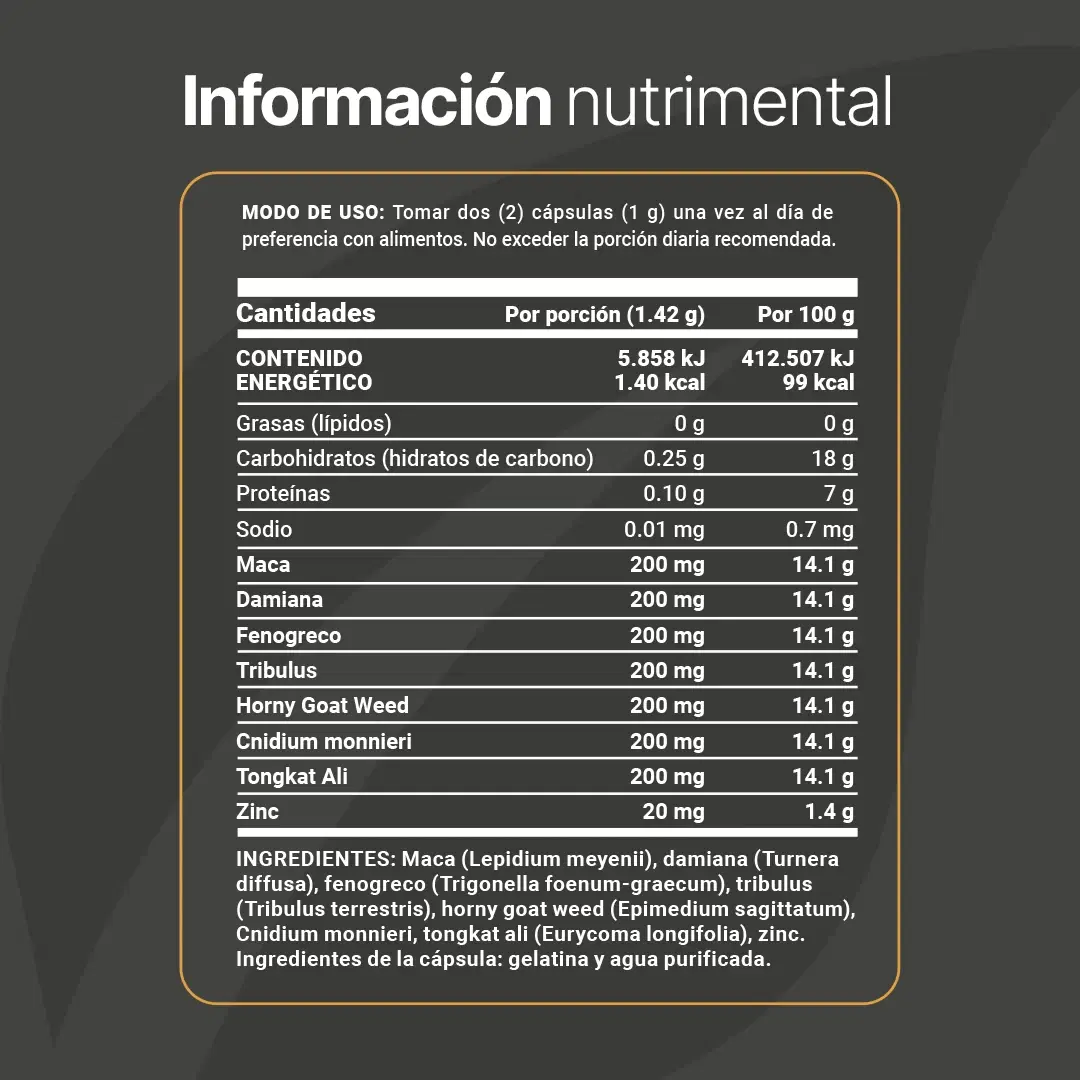 Imagen de Fórmula con Maca, Damiana, Fenogreco y Tribulus | 180 cápsulas de 1420 mg por porción
