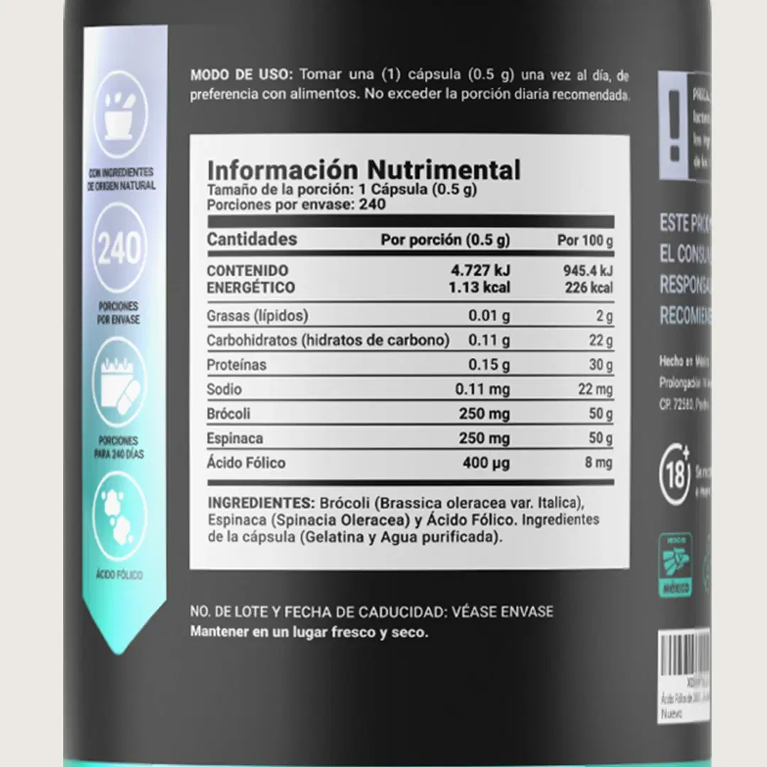 Imagen de Ácido Fólico | con Brócoli y Espinaca | 240 Cápsulas