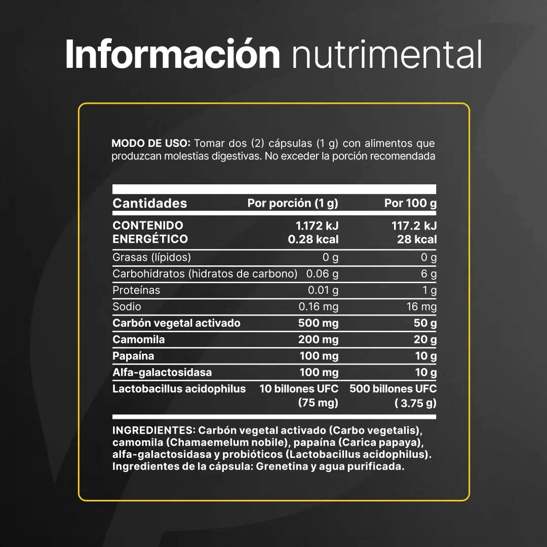 Imagen de Mezcla de Carbón Vegetal, Camomila, Papaína, Alfa-Galactosidasa y Probióticos | 180 cápsulas