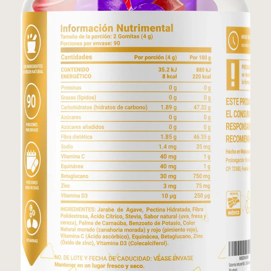 Imagen de Vitaminas en Gomitas | Vitamina C, D3, Echinacea y Zinc | Sin Azúcar Añadida | 180 gomitas