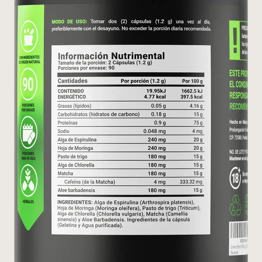 Imagen de Mezcla Herbal con Espirulina, Moringa, Wheatgrass, Clorela, Matcha y Aloe Vera | 180 Cápsulas
