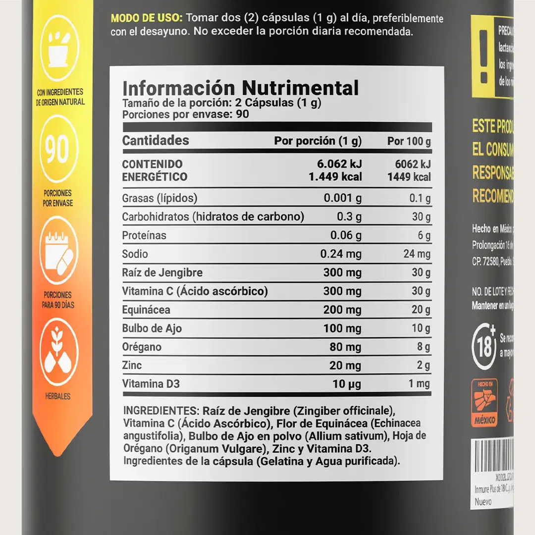 Imagen de Mezcla con Jengibre, Vitamina C, D3, Zinc, Equinácea, Orégano y Ajo | 1000 mg por Porción
