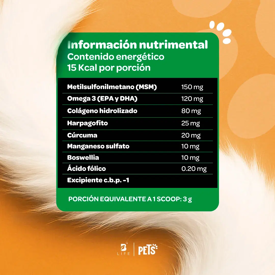Imagen de Suplemento Articular en Polvo para Perros y Gatos | Con MSM, Colágeno, Omega 3 y Extractos Naturales | 350 g | Sabor Res