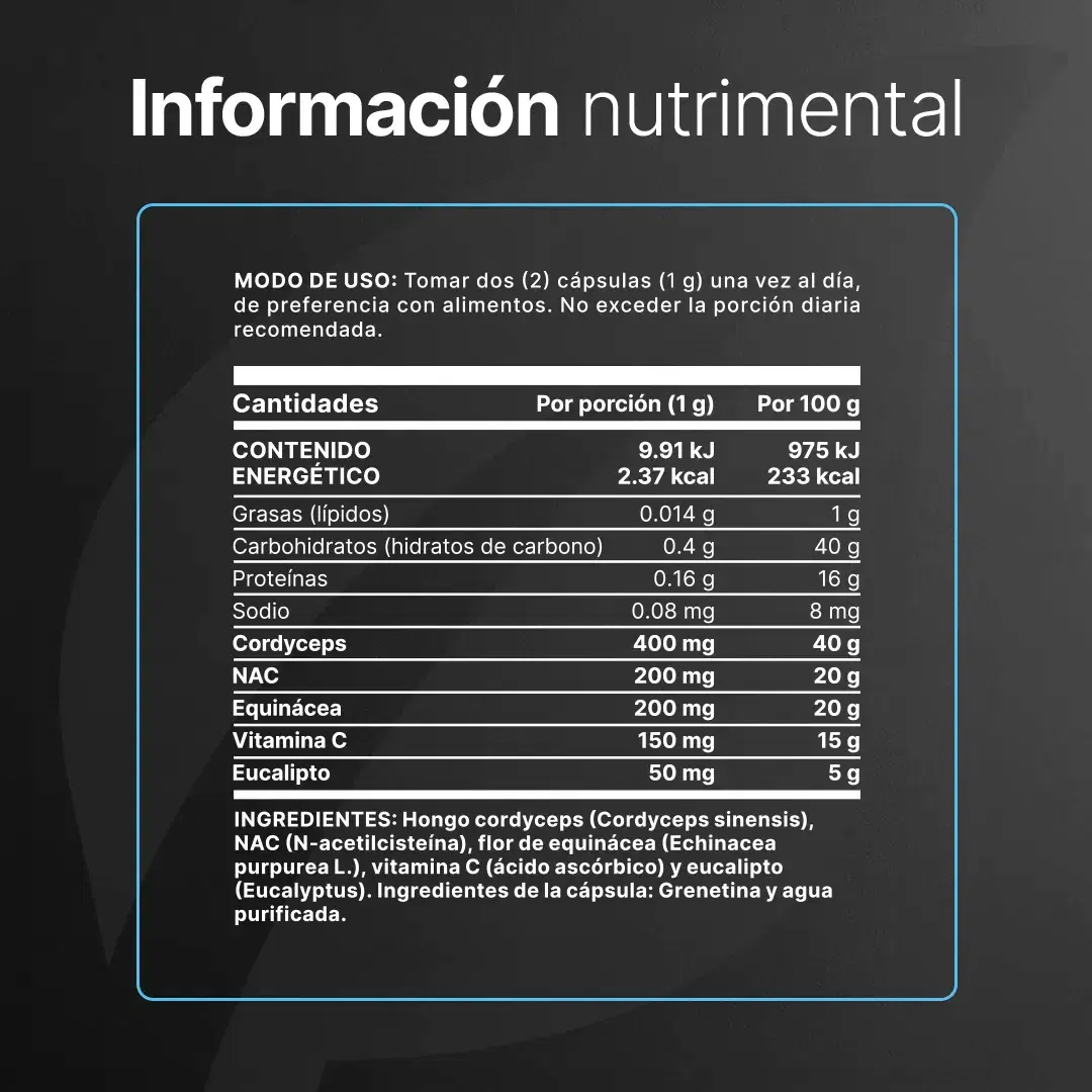 Imagen de Mezcla con Cordyceps, NAC, Equinácea, Vitamina C y Eucalipto | 1000 mg por porción | 180 Cápsulas
