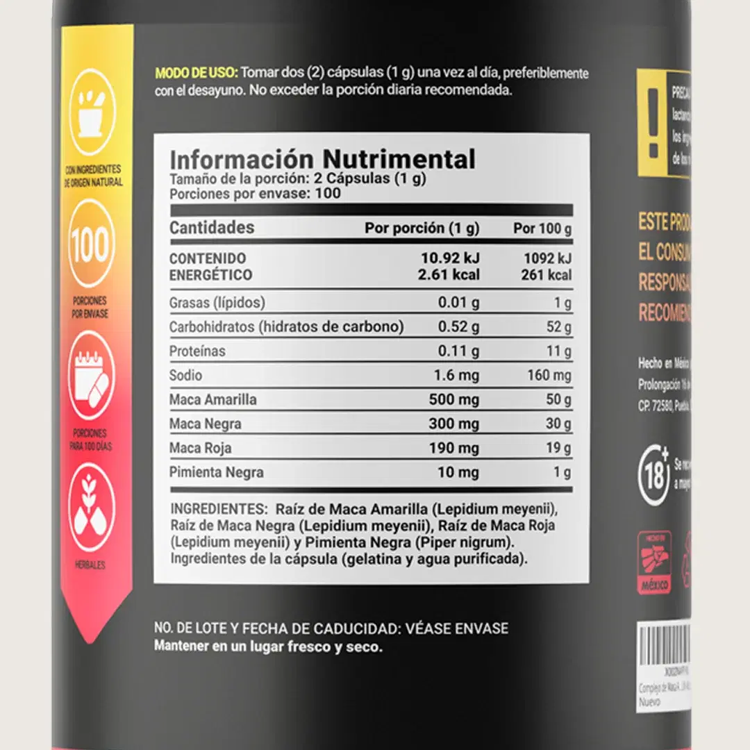 Imagen de Complejo de Maca Amarilla, Negra y Roja con Pimienta Negra | 1000 mg por Porción