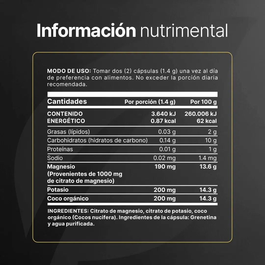 Imagen de Magnesio y Potasio | Adicionado con coco orgánico | 240 Cápsulas | 1400 mg por porción