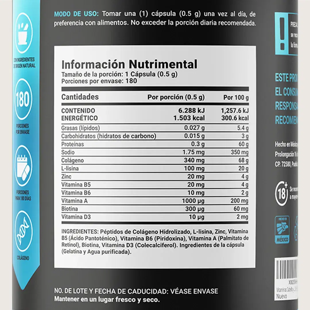 Imagen de Vitaminas para el Cabello de Hombre | Colágeno Hidrolizado, L Lysina, Zinc, B5, B6, Biotina y D3