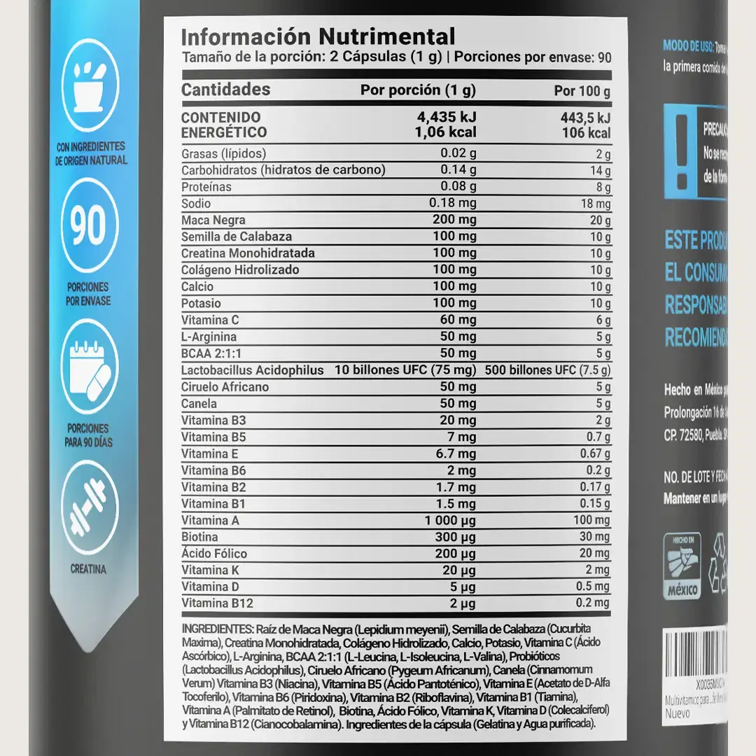 Imagen de Multivitamínico para Hombre 40+ | Con Vitaminas A, C, D, E, Calcio, Colágeno, Creatina y Probióticos