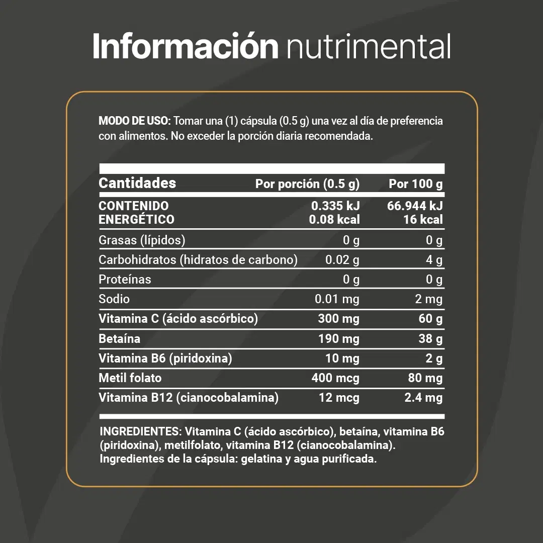 Imagen de Mezcla con Metilfolato, Vitamina C, B6 y B12 | 500 mg por Cápsula | 180 Cápsulas