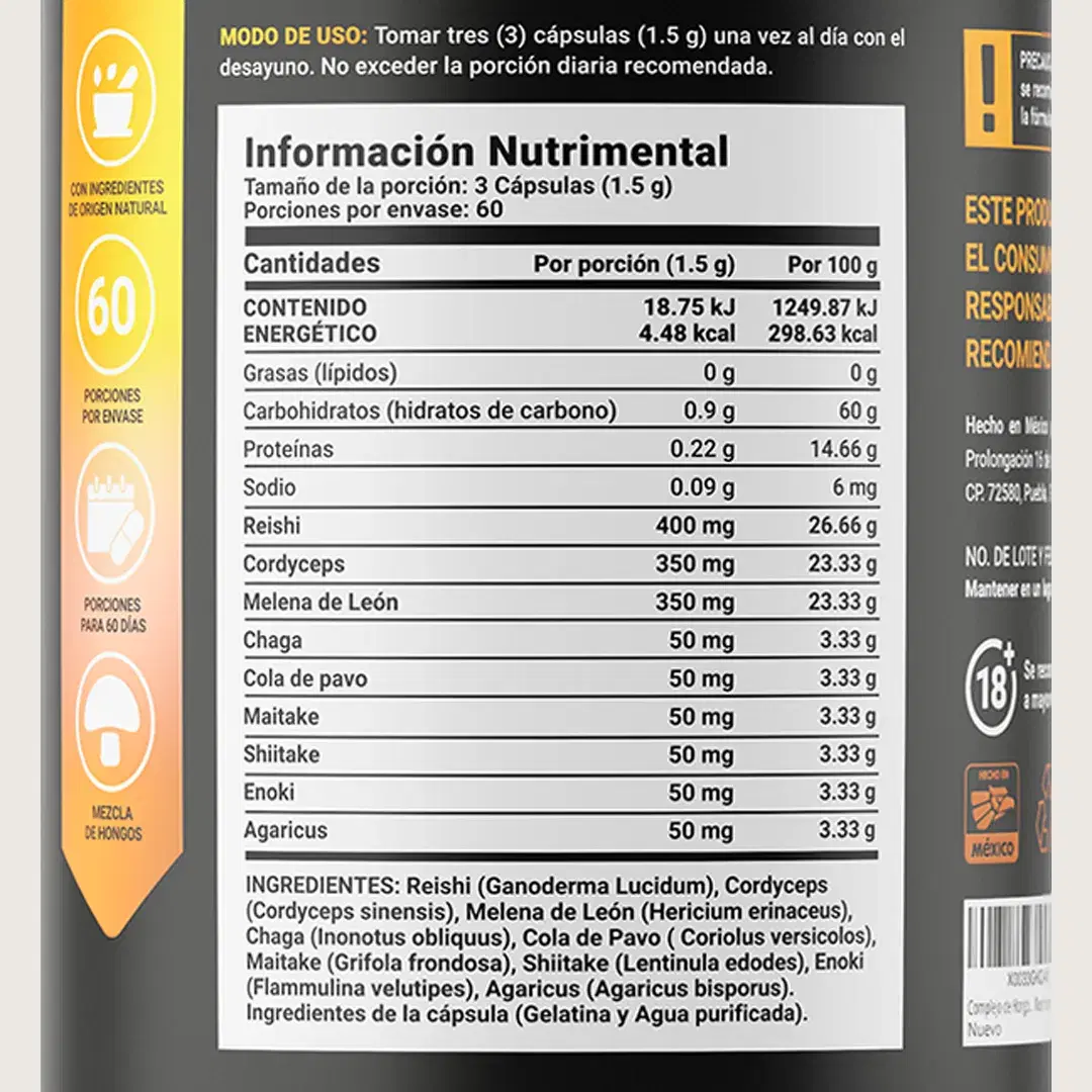 Imagen de Mezcla de Hongos Adaptogenos | Melena de León, Reishi, Cordyceps, Chaga | 1500 mg por porción