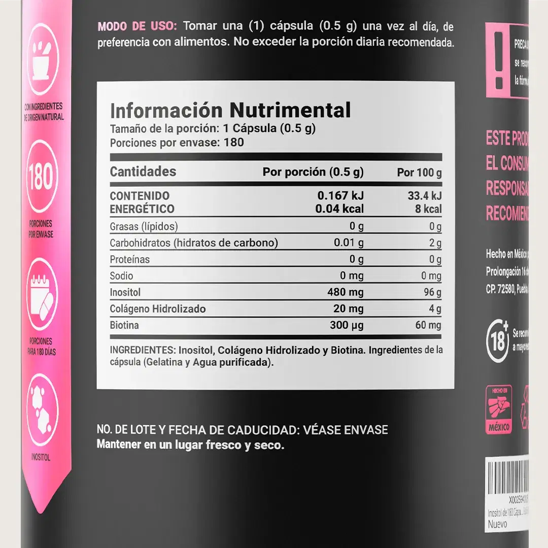 Imagen de Myo Inositol | adicionado con Biotina y Colágeno Hidrolizado | 500 mg por porción