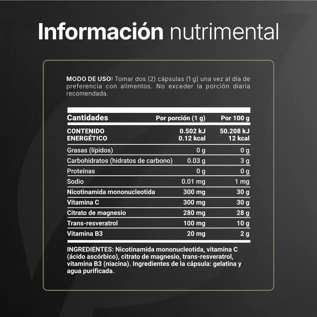 Imagen de Fórmula N.M.N | con Trans-Resveratrol, Vitamina C, Citrato de Magnesio y Vitamina B3 | 180 Cápsulas | 1000 mg por Porción