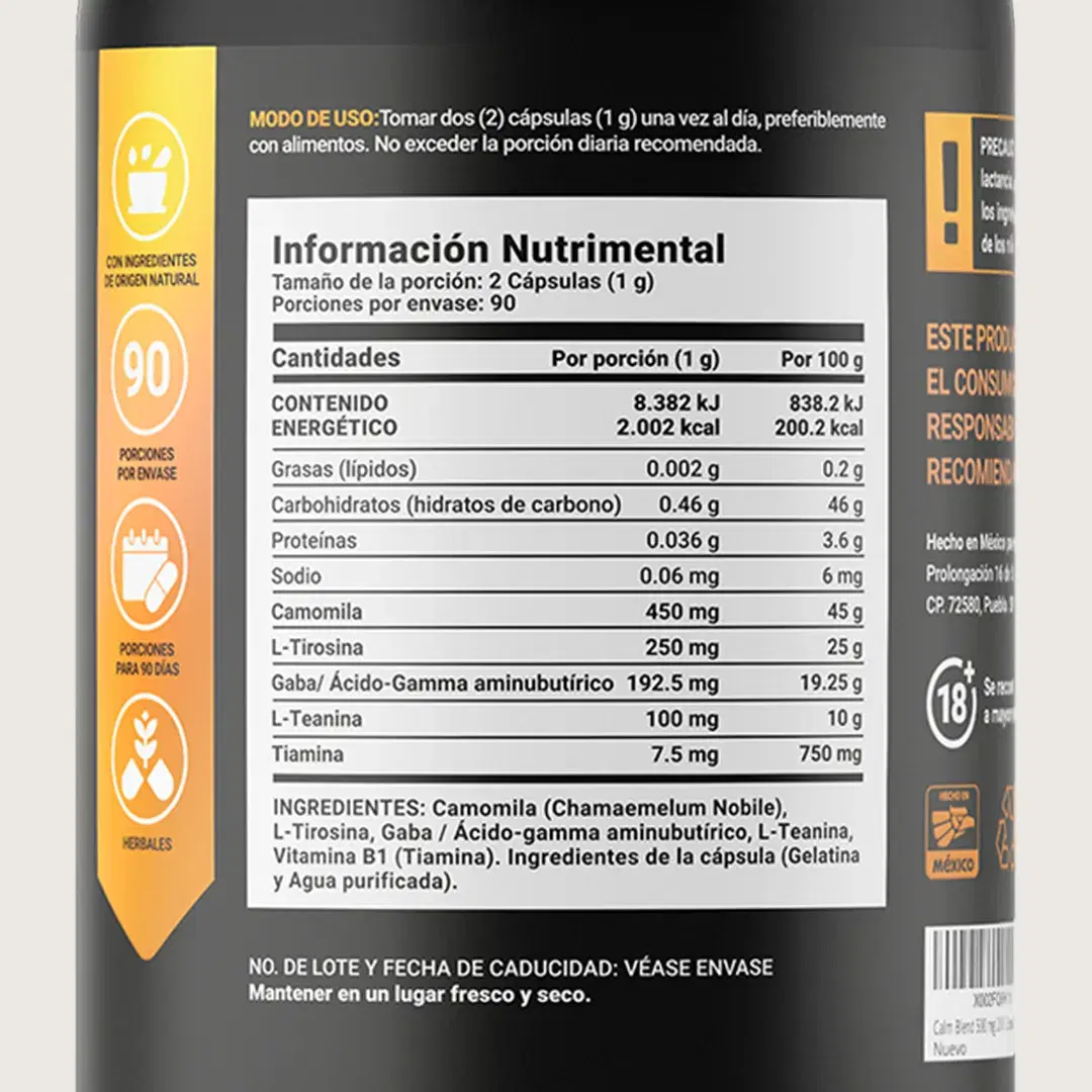 Imagen de GABA con Camomila, L-Tirosina, L-Teanina y Vitamina B1 | 500 mg por porción | 180 Cápsulas