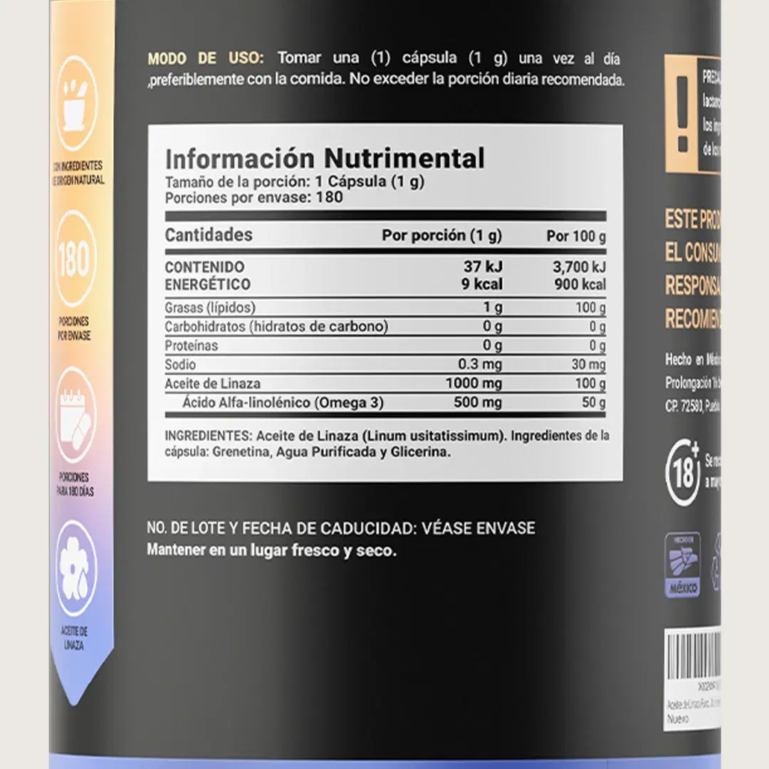 Imagen de Aceite de Linaza Puro con Omega 3 | Ácido Alfa Linolénico | 180 cápsulas | 1000 mg por porción
