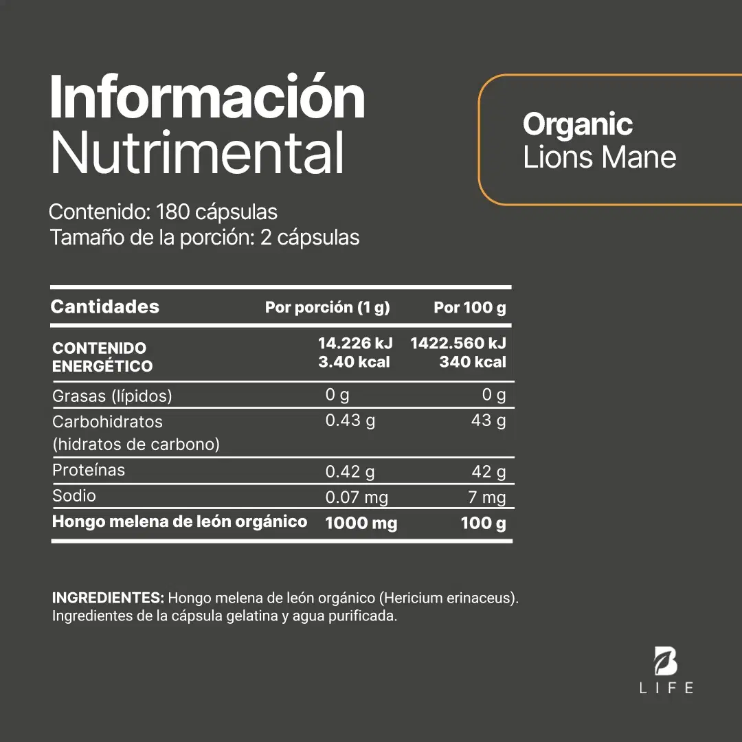 Imagen de Hongo Melena de León Orgánico | 1000 mg por porción | 180 Cápsulas
