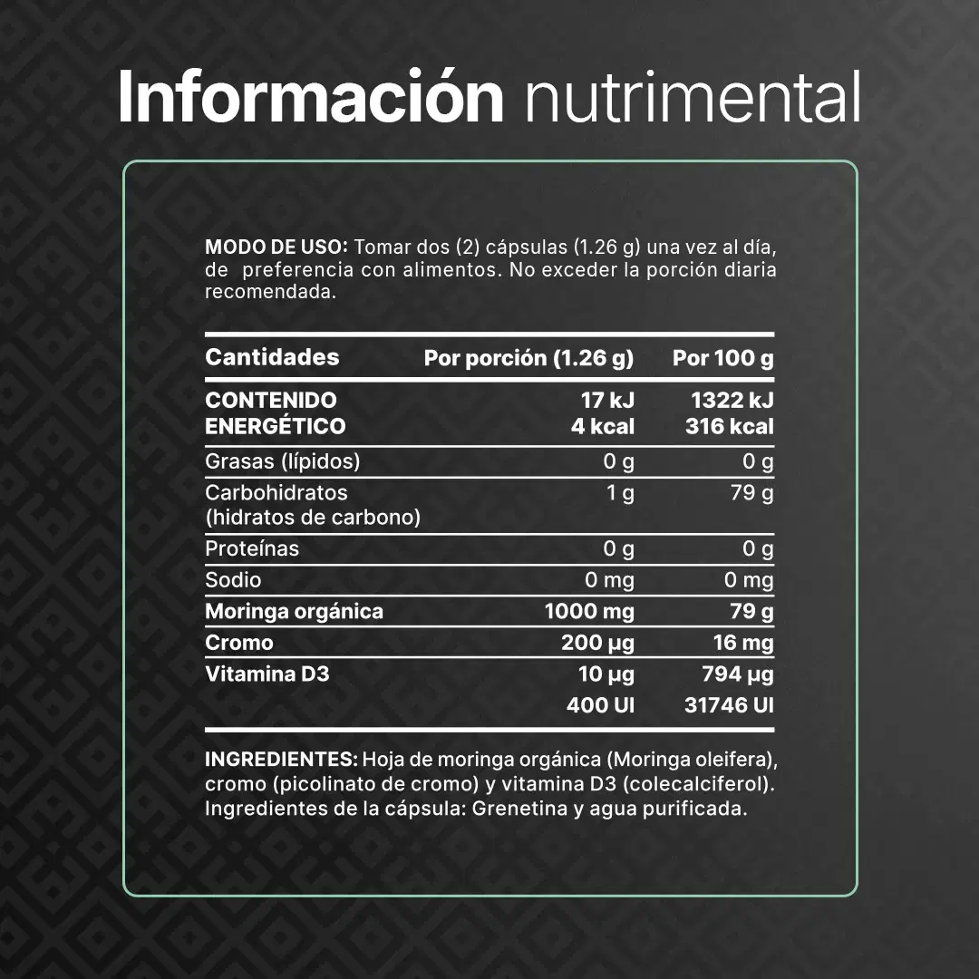 Imagen de Moringa Orgánica | Con Cromo y Vitamina D3 | 1000 mg por porción | 240 cáps