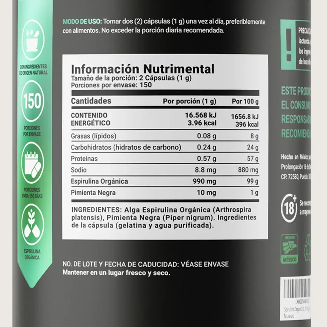 Imagen de Espirulina Orgánica | Fórmula con Pimienta Negra | 1000 mg por porción