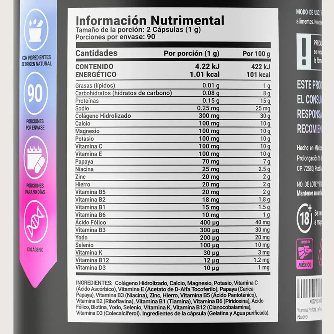 Imagen de Multivitamínico con Ácido Fólico, Calcio, Vitaminas, Colágeno Hidrolizado y Magnesio | 180 Cápsulas