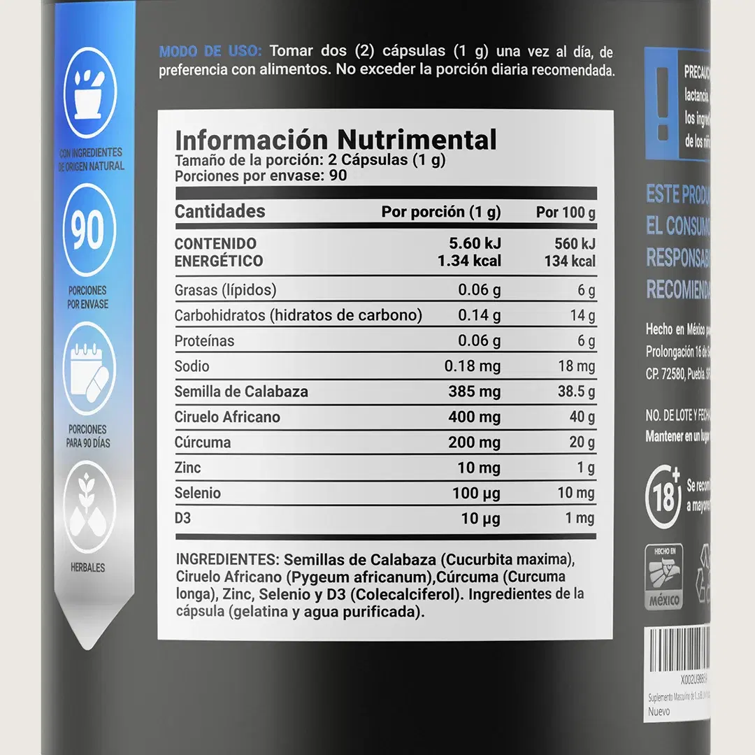 Imagen de Fórmula para Hombre con Ciruelo Africano, Selenio, Semilla de Calabaza, Cúrcuma, Zinc y Vitamina D3 | 1000 mg por Porción