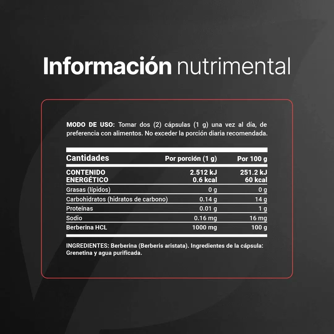 Imagen de Berberina HCL Pura 500 mg por cápsula | 1000 mg por porción