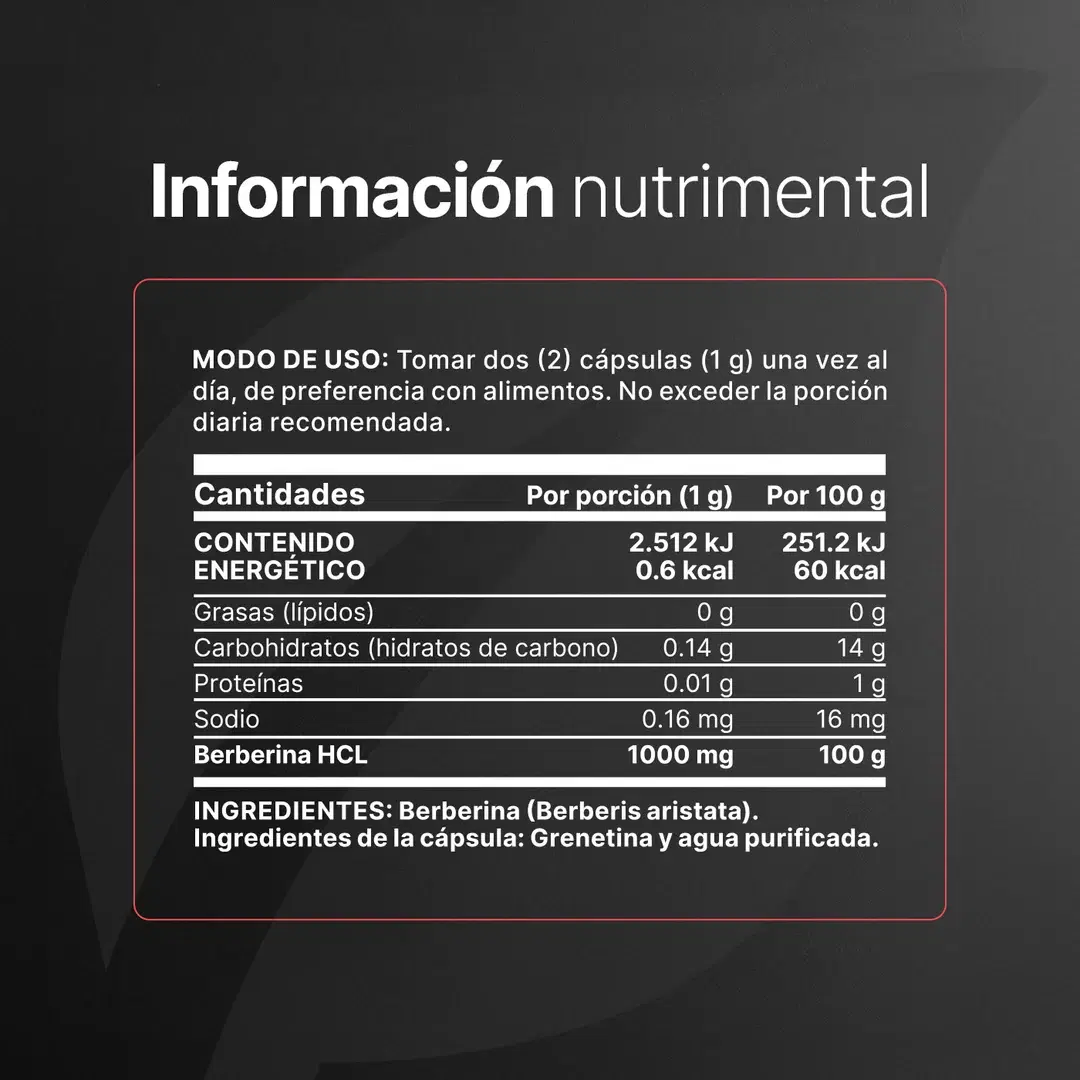 Imagen de Berberina HCL Pura 500 mg por cápsula | 1000 mg por porción