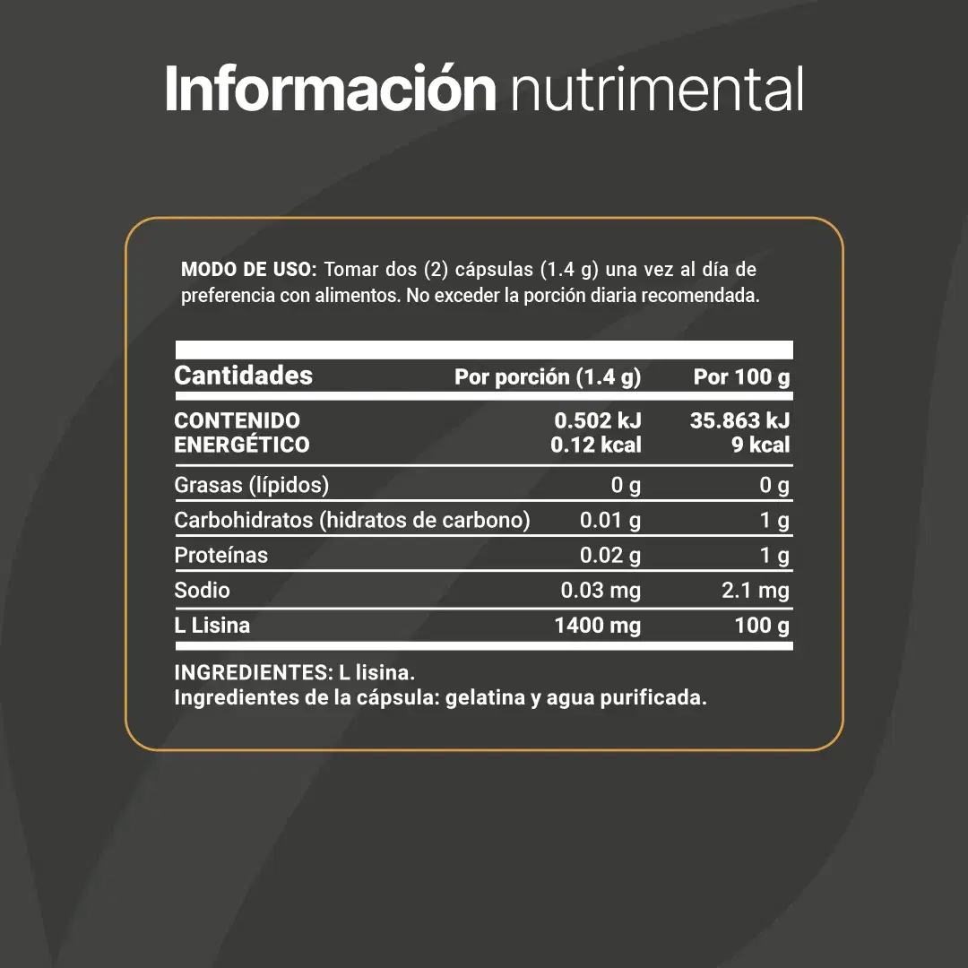 Imagen de Lisina Pura | 240 cápsulas | 1400 mg por porción