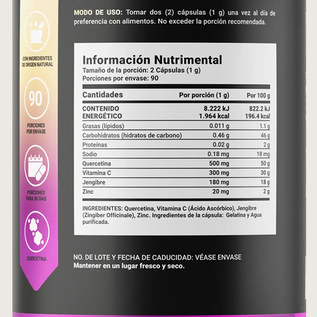 Imagen de Quercetina | con Vitamina C, Jengibre y Zinc | 180 cápsulas