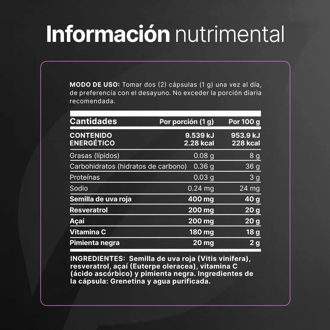 Imagen de Resveratrol | con Uva Roja, Açaí, Vitamina C y Pimienta Negra | 1000 mg por porción
