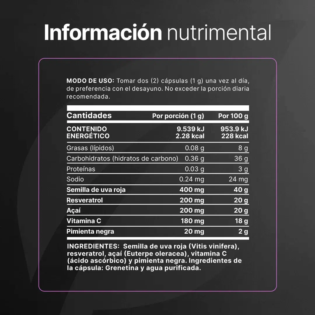 Imagen de Resveratrol | con Uva Roja, Açaí, Vitamina C y Pimienta Negra | 1000 mg por porción