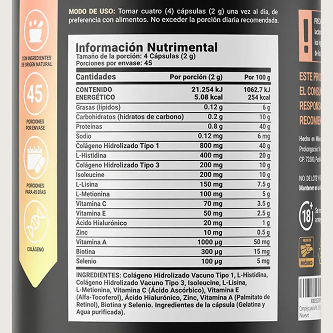 Imagen de Fórmula con Colágeno tipo I y III, Ácido Hialurónico, Zinc, y Biotina | 150 cápsulas