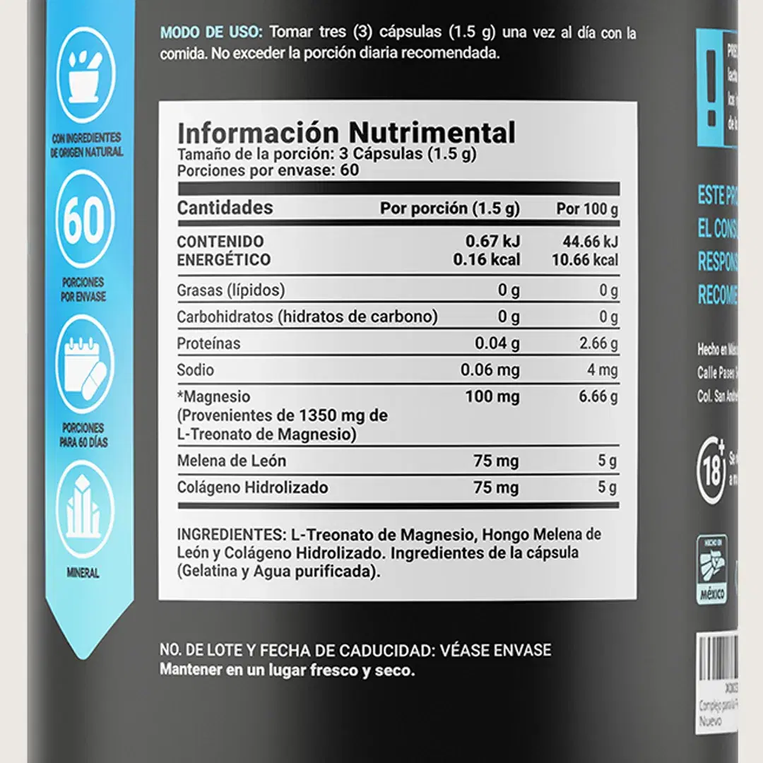 Imagen de Treonato de Magnesio | con Melena de Leon y Colágeno Hidrolizado | 180 cápsulas