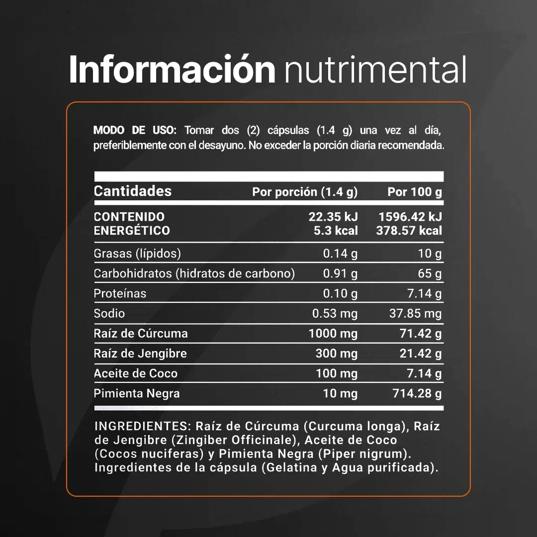 Imagen de Cúrcuma con Jengibre | adicionado con Aceite de Coco y Pimienta Negra | 1400 mg por Porción