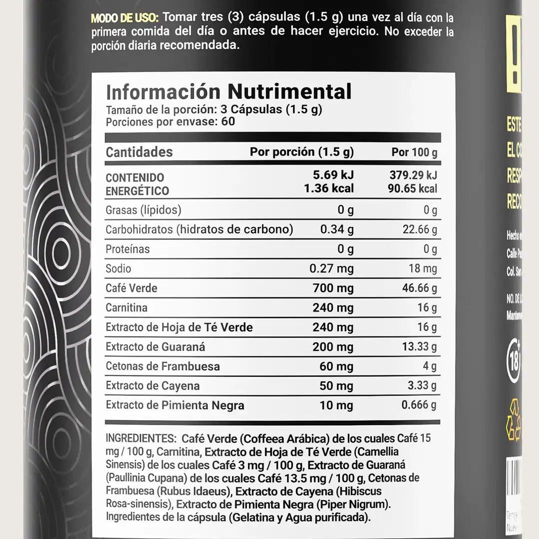 Imagen de Mezcla de Café Verde, Carnitina, Té Verde, Guaraná, Cetonas De Frambuesa y Cayena | 180 cápsulas
