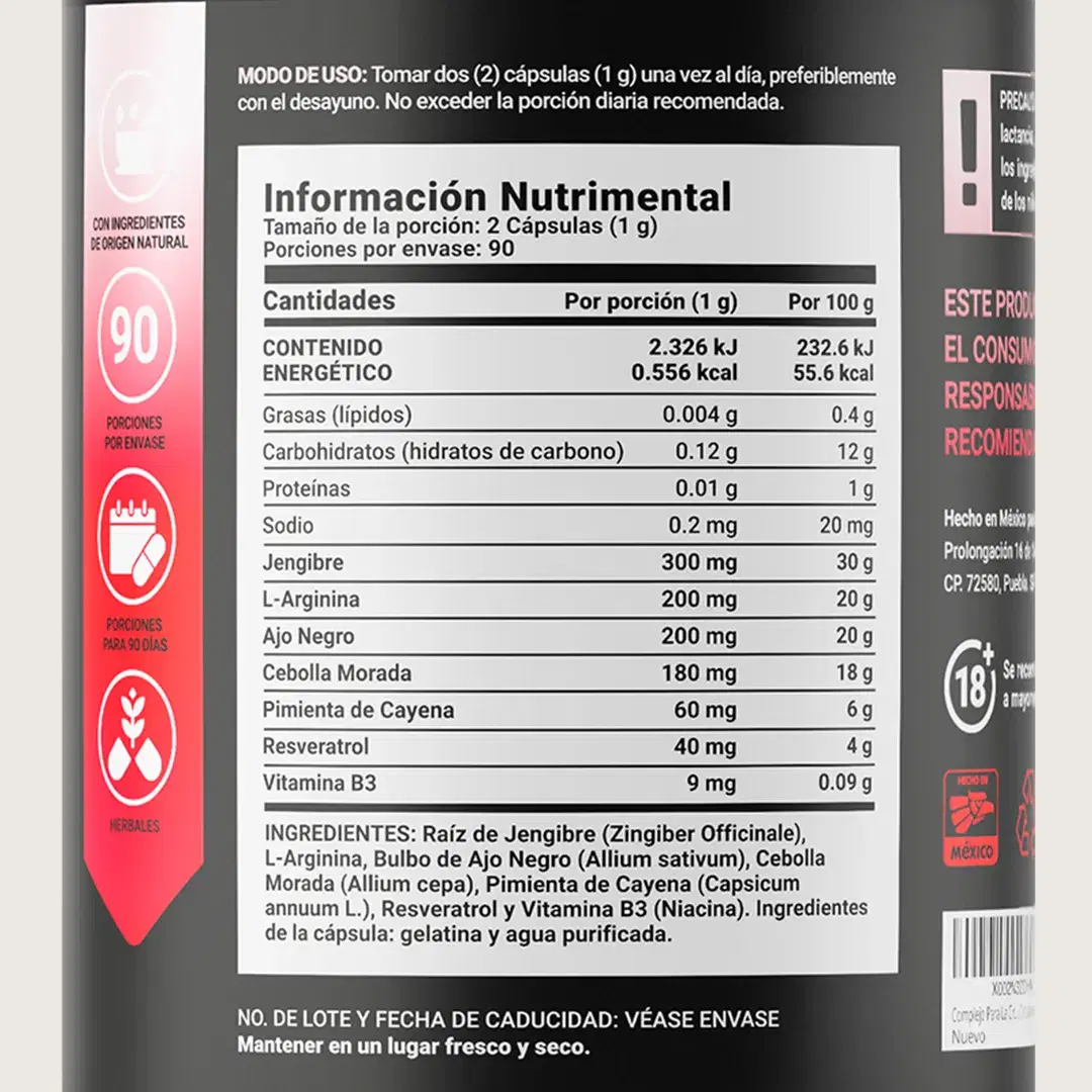 Imagen de Mezcla de Jengibre, Ajo negro, Arginina, Resveratrol, Vitamina B3, Cebolla Morada y Pimienta de Cayena