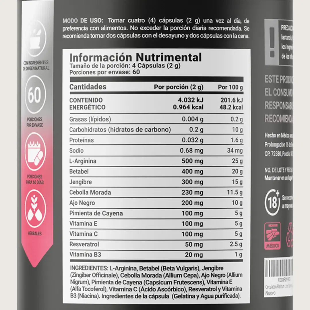 Imagen de Mezcla Platinum con L-Arginina, Resveratrol, Ajo negro, Jengibre y Vitaminas | 240 cápsulas