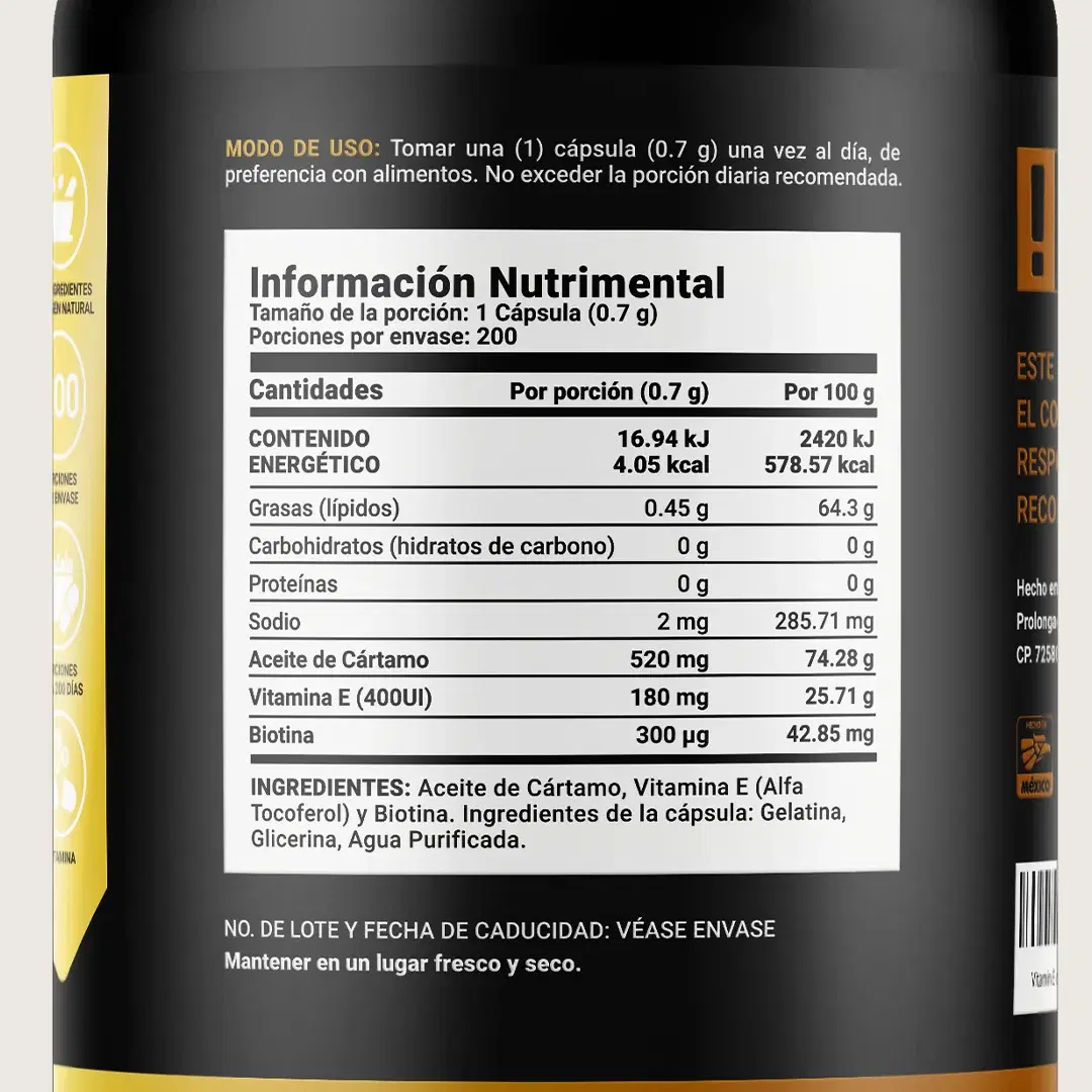 Imagen de Vitamina E 400 UI | con Biotina y Aceite de Cártamo | 200 cápsulas