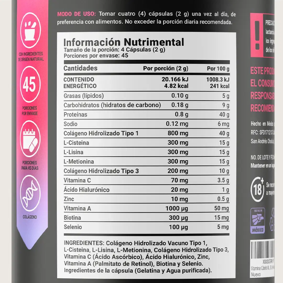 Imagen de Vitaminas para el Cabello de la Mujer | Con Colágeno Hidrolizado, Biotina, Zinc y Ácido Hialurónico