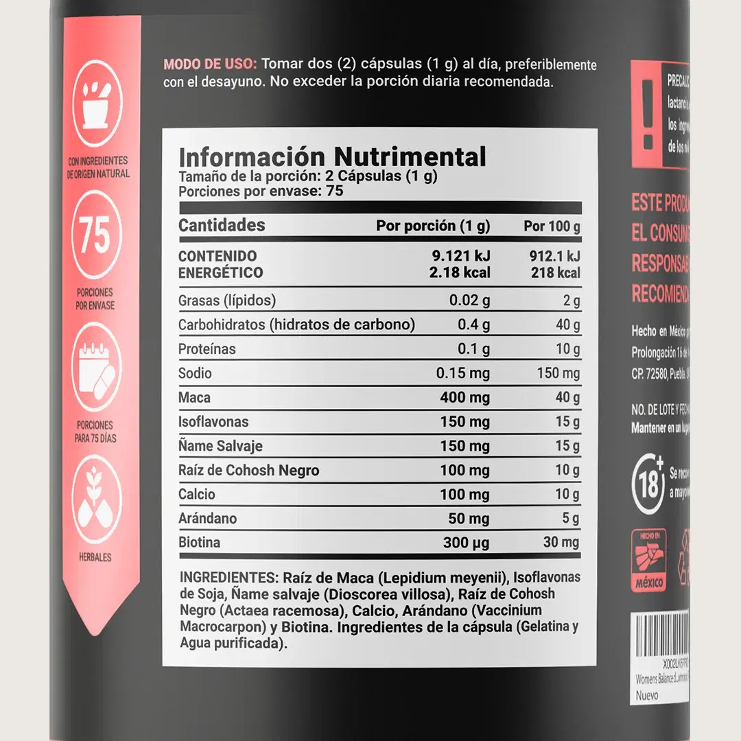 Imagen de Fórmula para Mujer con Maca, Isoflavonas y Ñame Silvestre | Con Arándano, Cohosh Negro, Calcio y Biotina